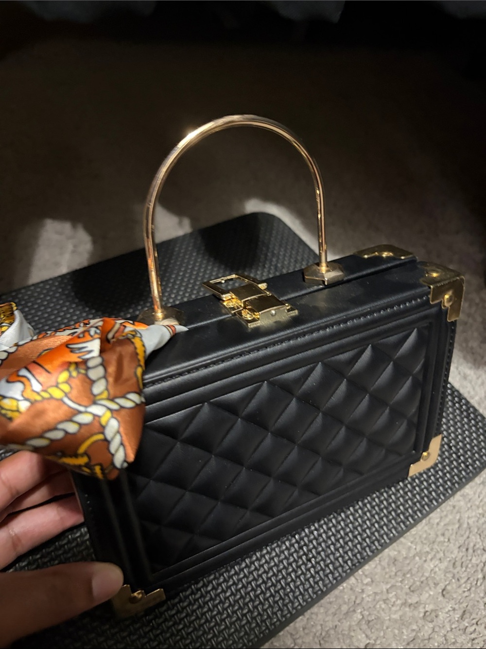 Black Quilted Box Handbag with Gold Hardware